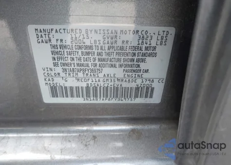 2015 Nissan Sentra S z USA, uszkodzony, nr VIN 3N1AB7AP8FY369757